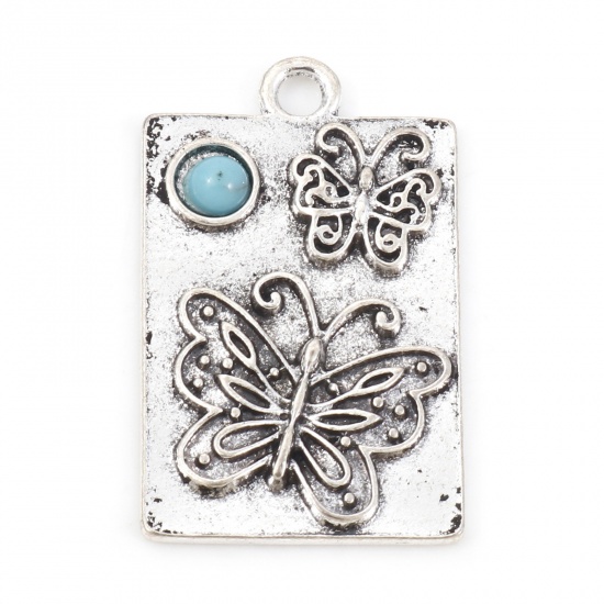 Picture of Zinc Based Alloy Boho Chic Bohemia Pendants Antique Silver Color Green Blue Rectangle Butterfly With Resin Cabochons Imitation Turquoise 3cm x 1.9cm, 5 PCs
