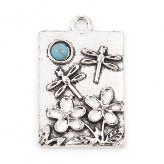Picture of Zinc Based Alloy Boho Chic Bohemia Pendants Antique Silver Color Green Blue Rectangle Dragonfly With Resin Cabochons Imitation Turquoise 3cm x 1.9cm, 5 PCs