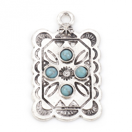Bild von Zinklegierung Böhmischer Stil Anhänger Rechteck Antiksilber Cyan Geschnitzte Muster Mit Harz Imitat Howlith Cabochons 3.3cm x 1.9cm, 5 Stück