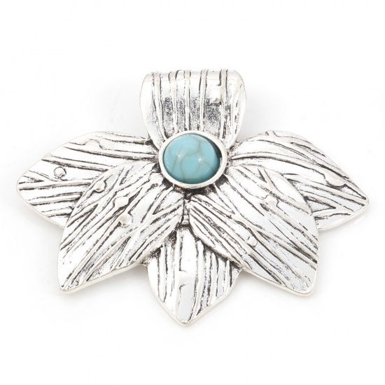 Picture of Zinc Based Alloy Boho Chic Bohemia Pendants Antique Silver Color Green Blue Flower Leaves With Resin Cabochons Imitation Turquoise 5.1cm x 4.1cm, 2 PCs