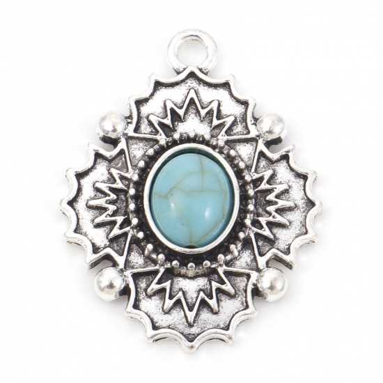 Picture of Zinc Based Alloy Boho Chic Bohemia Pendants Antique Silver Color Green Blue Carved Pattern With Resin Cabochons Imitation Turquoise 3.5cm x 2.7cm, 5 PCs