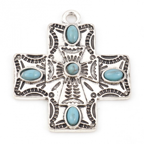 Picture of Zinc Based Alloy Boho Chic Bohemia Pendants Antique Silver Color Green Blue Cross With Resin Cabochons Imitation Turquoise 3.5cm x 3cm, 5 PCs