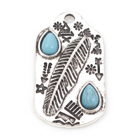 Picture of Zinc Based Alloy Boho Chic Bohemia Pendants Antique Silver Color Green Blue Shield Feather With Resin Cabochons Imitation Turquoise 3cm x 1.7cm, 5 PCs