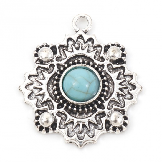 Picture of Zinc Based Alloy Boho Chic Bohemia Pendants Antique Silver Color Green Blue Carved Pattern With Resin Cabochons Imitation Turquoise 3.3cm x 2.8cm, 5 PCs
