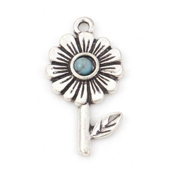 Picture of Zinc Based Alloy Boho Chic Bohemia Charms Antique Silver Color Green Blue Sunflower With Resin Cabochons Imitation Turquoise 25mm x 13mm, 10 PCs