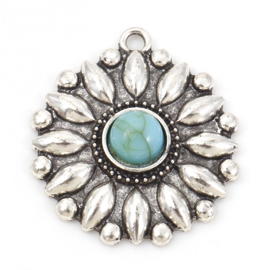 Picture of Zinc Based Alloy Boho Chic Bohemia Pendants Antique Silver Color Green Blue Flower With Resin Cabochons Imitation Turquoise 3.4cm x 3cm, 5 PCs