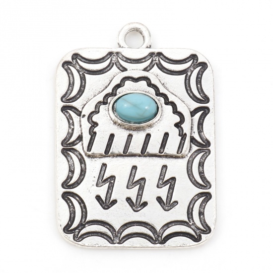Picture of Zinc Based Alloy Boho Chic Bohemia Pendants Antique Silver Color Green Blue Rectangle Moon With Resin Cabochons Imitation Turquoise 3.3cm x 2.3cm, 5 PCs
