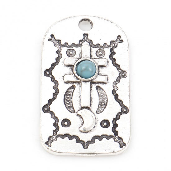 Picture of Zinc Based Alloy Boho Chic Bohemia Pendants Antique Silver Color Green Blue Shield Moon With Resin Cabochons Imitation Turquoise 3cm x 1.8cm, 5 PCs