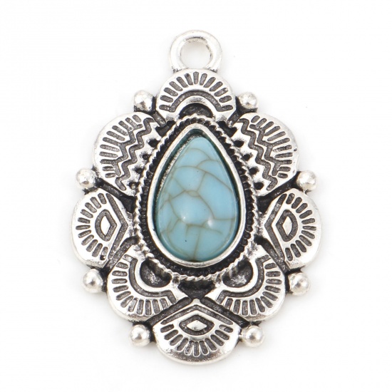 Picture of Zinc Based Alloy Boho Chic Bohemia Pendants Antique Silver Color Green Blue Drop Carved Pattern With Resin Cabochons Imitation Turquoise 3.4cm x 2.4cm, 5 PCs