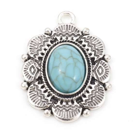 Bild von Zinklegierung Böhmischer Stil Anhänger Oval Antiksilber Cyan Geschnitzte Muster Mit Harz Imitat Howlith Cabochons 3.4cm x 2.5cm, 5 Stück