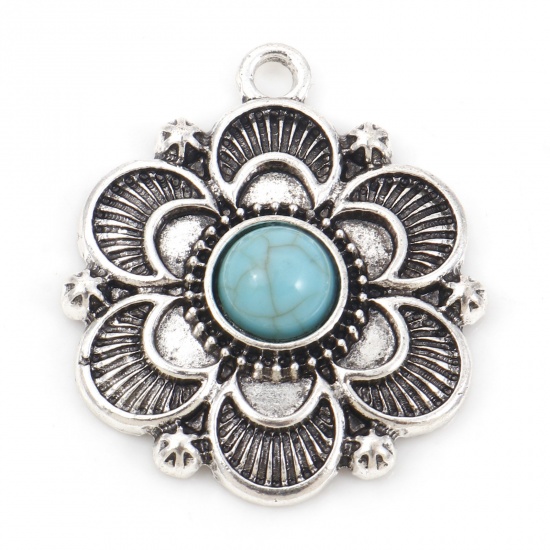 Picture of Zinc Based Alloy Boho Chic Bohemia Pendants Antique Silver Color Green Blue Half Moon Flower With Resin Cabochons Imitation Turquoise 3.4cm x 2.9cm, 5 PCs