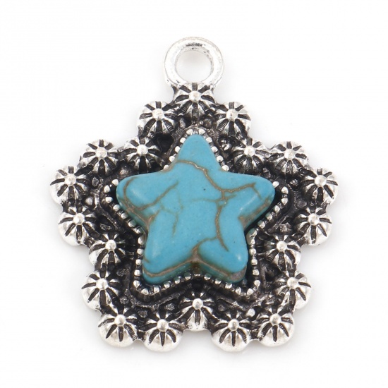 Picture of Zinc Based Alloy Boho Chic Bohemia Charms Antique Silver Color Green Blue Star With Resin Cabochons Imitation Turquoise 26mm x 23mm, 5 PCs