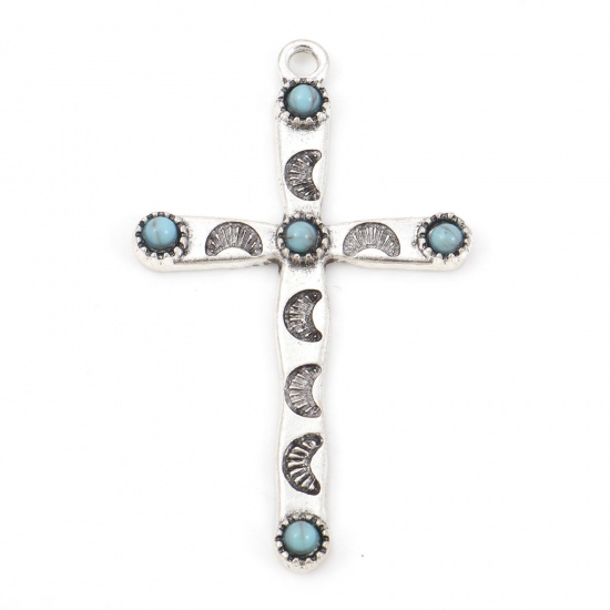 Picture of Zinc Based Alloy Boho Chic Bohemia Pendants Antique Silver Color Green Blue Cross Moon With Resin Cabochons Imitation Turquoise 5.3cm x 3.2cm, 5 PCs