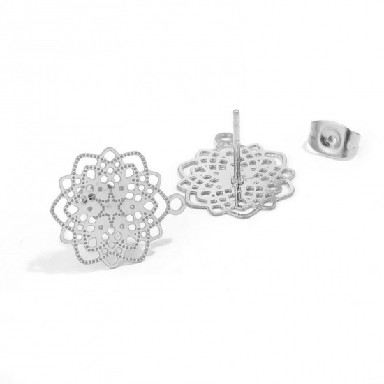 Picture of 304 Stainless Steel Boho Chic Bohemia Ear Post Stud Earrings Flower Silver Tone Filigree With Loop 17mm Dia., Post/ Wire Size: (21 gauge), 2 PCs