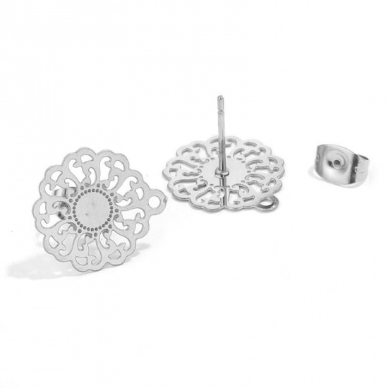 Picture of 304 Stainless Steel Boho Chic Bohemia Ear Post Stud Earrings Flower Silver Tone Filigree With Loop 16mm Dia., Post/ Wire Size: (21 gauge), 2 PCs