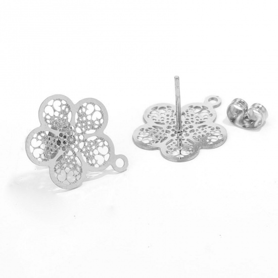 Picture of 304 Stainless Steel Boho Chic Bohemia Ear Post Stud Earrings Flower Silver Tone Filigree With Loop 18mm Dia., Post/ Wire Size: (21 gauge), 2 PCs