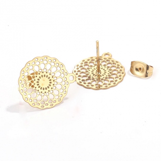 Picture of 304 Stainless Steel Boho Chic Bohemia Ear Post Stud Earrings Round Gold Plated Filigree With Loop 16mm Dia., Post/ Wire Size: (21 gauge), 2 PCs