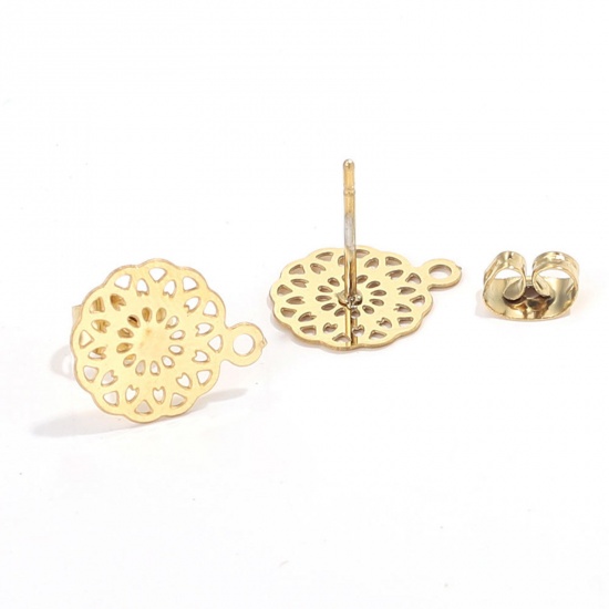 Picture of 304 Stainless Steel Boho Chic Bohemia Ear Post Stud Earrings Flower Gold Plated Filigree With Loop 13mm Dia., Post/ Wire Size: (21 gauge), 2 PCs
