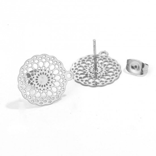 Picture of 304 Stainless Steel Boho Chic Bohemia Ear Post Stud Earrings Round Silver Tone Filigree With Loop 16mm Dia., Post/ Wire Size: (21 gauge), 2 PCs