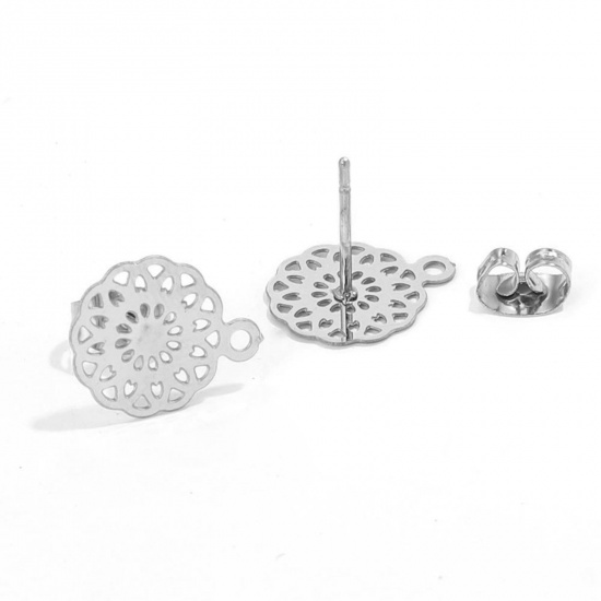 Picture of 304 Stainless Steel Boho Chic Bohemia Ear Post Stud Earrings Round Silver Tone Filigree With Loop 13mm Dia., Post/ Wire Size: (21 gauge), 2 PCs