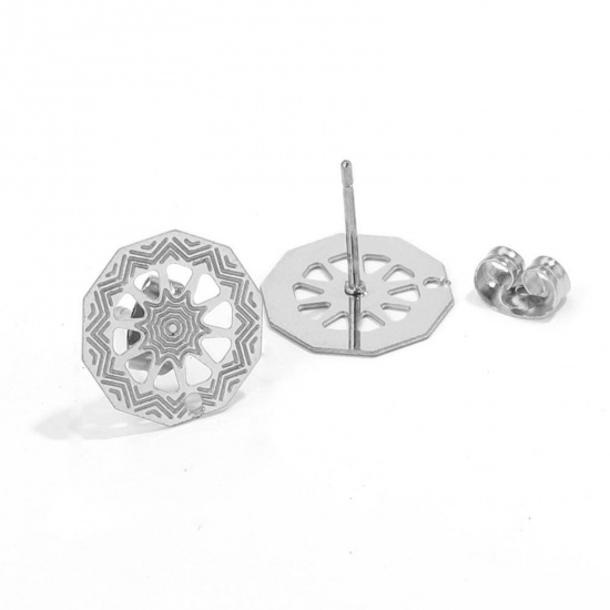 Bild von 304 Edelstahl Böhmischer Stil Ohrring Ohrstecker Rund Silberfarbe Filigran Mit Öse 13mm D., Drahtstärke: (21 gauge), 2 Stück