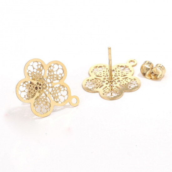 Picture of 304 Stainless Steel Boho Chic Bohemia Ear Post Stud Earrings Flower Gold Plated Filigree With Loop 18mm Dia., Post/ Wire Size: (21 gauge), 2 PCs