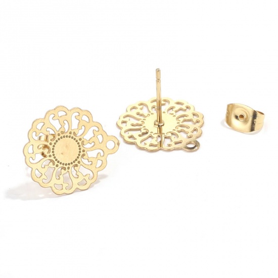Picture of 304 Stainless Steel Boho Chic Bohemia Ear Post Stud Earrings Flower Gold Plated Filigree With Loop 16mm Dia., Post/ Wire Size: (21 gauge), 2 PCs
