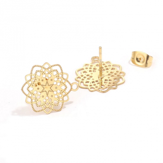 Picture of 304 Stainless Steel Boho Chic Bohemia Ear Post Stud Earrings Flower Gold Plated Filigree With Loop 17mm Dia., Post/ Wire Size: (21 gauge), 2 PCs