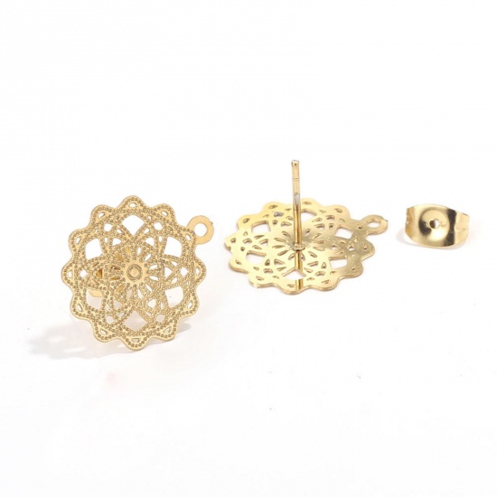 Picture of 304 Stainless Steel Boho Chic Bohemia Ear Post Stud Earrings Flower Gold Plated Filigree With Loop 17mm Dia., Post/ Wire Size: (21 gauge), 2 PCs