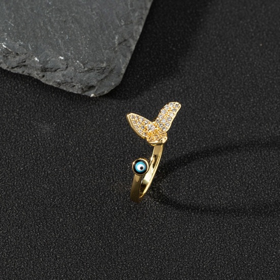 Bild von Kupfer Retro Offen Ring Böser Blick Fischschwanz Vergoldet Emaille Transparent Strassstein 17mm (US Größe 6.5), 1 Stück