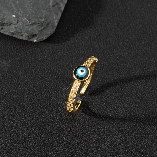 Bild von Kupfer Retro Offen Ring Böser Blick Vergoldet Emaille Transparent Strassstein 17mm (US Größe 6.5), 1 Stück