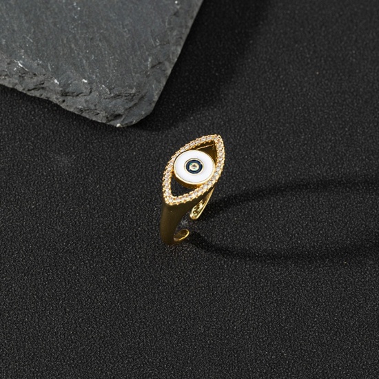 Bild von Kupfer Retro Offen Ring Böser Blick Vergoldet Emaille Transparent Strassstein 17mm (US Größe 6.5), 1 Stück