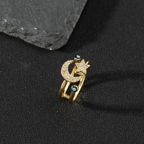 Bild von Kupfer Retro Offen Ring Böser Blick Mond Vergoldet Emaille Transparent Strassstein 17mm (US Größe 6.5), 1 Stück