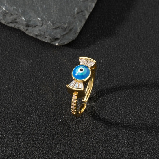 Bild von Kupfer Retro Offen Ring Böser Blick Vergoldet Emaille Transparent Strassstein 17mm (US Größe 6.5), 1 Stück