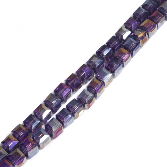 Изображение Стеклянные Бусины, Куб Фиолетовый Разноцветный Шлифованый, 6мм x 6мм, Отверстие:примерно 1.2мм, 58.5см длина, 1 Нитка (примерно 98 шт/нитка)