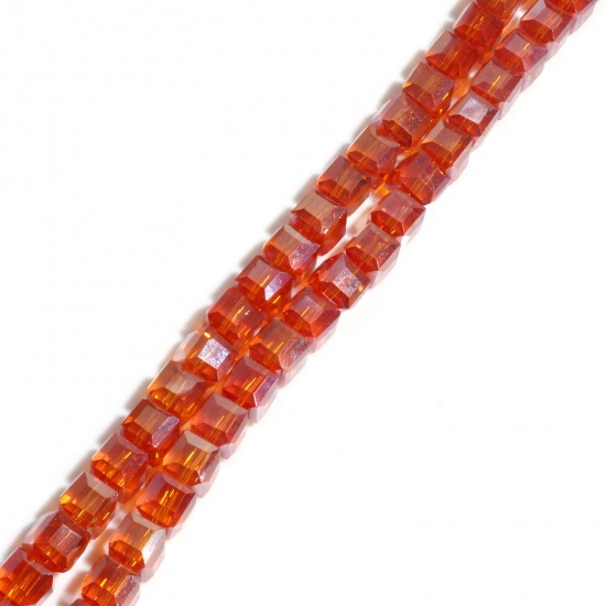 Bild von Glas Perlen Würfel Orangerot AB Farbe Facettiert ca. 6mm x 6mm, Loch: 1.2mm, 58.5cm lang, 1 Strang (ca. 98 Stück/Strang)