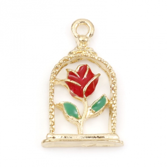 Immagine di Lega di Zinco San Valentino Charms Rosa Oro Placcato Rosso & Verde Smalto 17.5mm x 10.5mm , 10 Pz