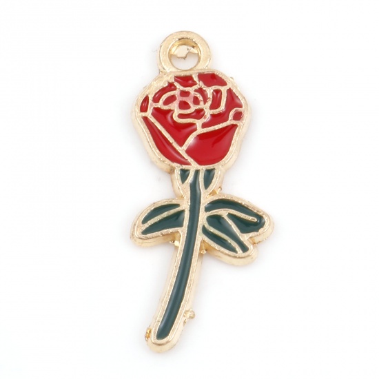Immagine di Lega di Zinco San Valentino Charms Rosa Oro Placcato Rosso & Verde Smalto 23mm x 10mm , 10 Pz