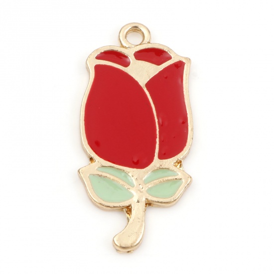 Immagine di Lega di Zinco San Valentino Ciondoli Rosa Oro Placcato Rosso & Verde Smalto 3.1cm x 1.5cm , 10 Pz