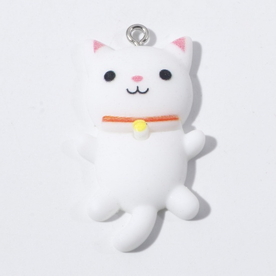 Immagine di Resina Ciondoli Gatto Tono Argento Bianco 4cm x 2.1cm, 5 Pz