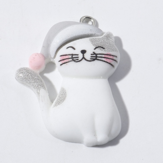 Immagine di Resina Ciondoli Gatto Tono Argento Bianco Cappello 3.3cm x 2.5cm, 5 Pz