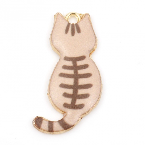 Immagine di Lega di Zinco Ciondoli Gatto Oro Placcato Beige Smalto 3cm x 1.6cm , 10 Pz