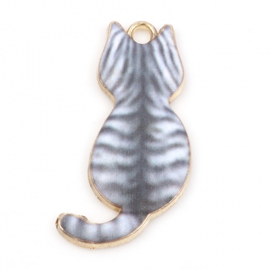 Immagine di Lega di Zinco Ciondoli Gatto Oro Placcato Grigio Smalto 3cm x 1.6cm , 10 Pz