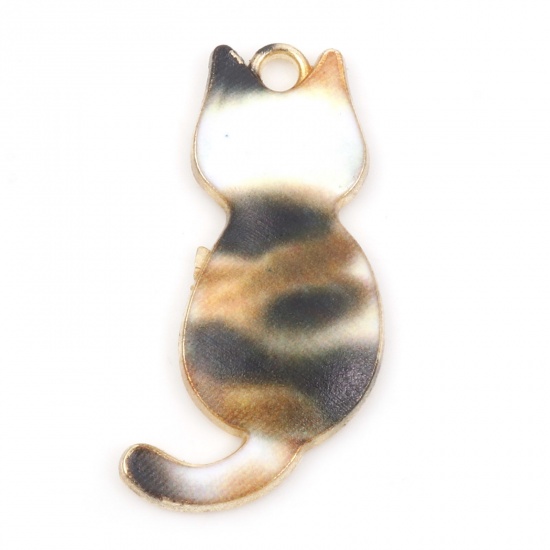Immagine di Lega di Zinco Ciondoli Gatto Oro Placcato Multicolore Smalto 3cm x 1.6cm , 10 Pz
