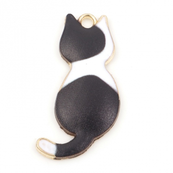 Immagine di Lega di Zinco Ciondoli Gatto Oro Placcato Nero & Bianco Smalto 3cm x 1.6cm , 10 Pz