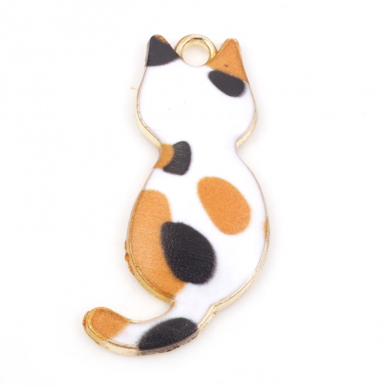 Immagine di Lega di Zinco Ciondoli Gatto Oro Placcato Multicolore Smalto 3cm x 1.6cm , 10 Pz