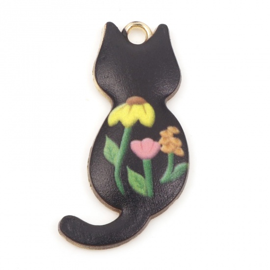 Immagine di Lega di Zinco Ciondoli Gatto Oro Placcato Nero Smalto 3cm x 1.6cm , 10 Pz