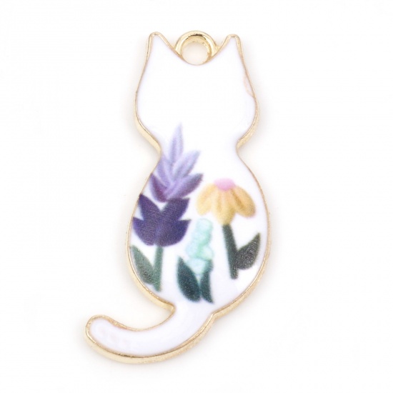 Immagine di Lega di Zinco Ciondoli Gatto Oro Placcato Bianco Smalto 3cm x 1.6cm , 10 Pz