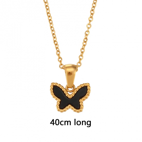 Bild von 304 Edelstahl Stilvoll Halskette Vergoldet Schwarz Schmetterling 40cm lang, 1 Strang