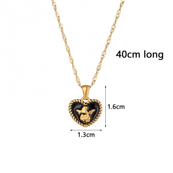 Bild von 304 Edelstahl Stilvoll Halskette Vergoldet Schwarz Herz Engel Emaille 40cm lang, 1 Strang